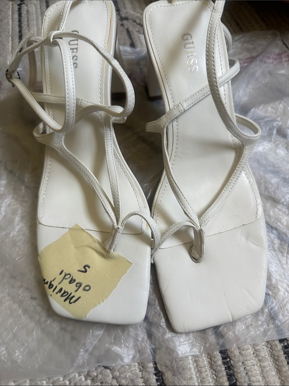 GUESS Cream Strappy Square-Toe Block Heel Sandals